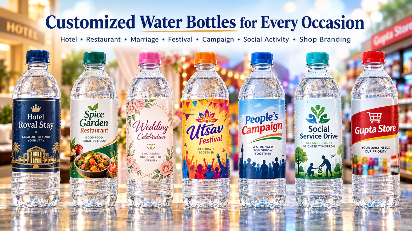 Customized water bottles for hotels, restaurants, weddings, festivals and shops
