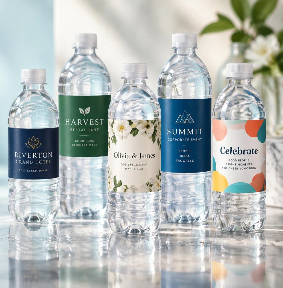 Five customized water bottles for hotels, restaurants, weddings, events and celebrations